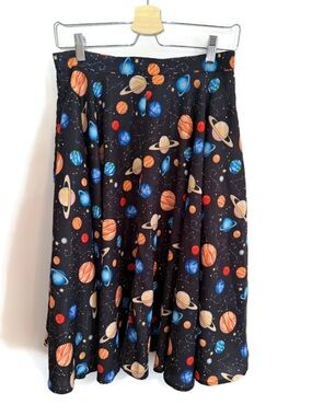 LA Soul Space Themed In Orbit Black Planet Print A-Line Skirt